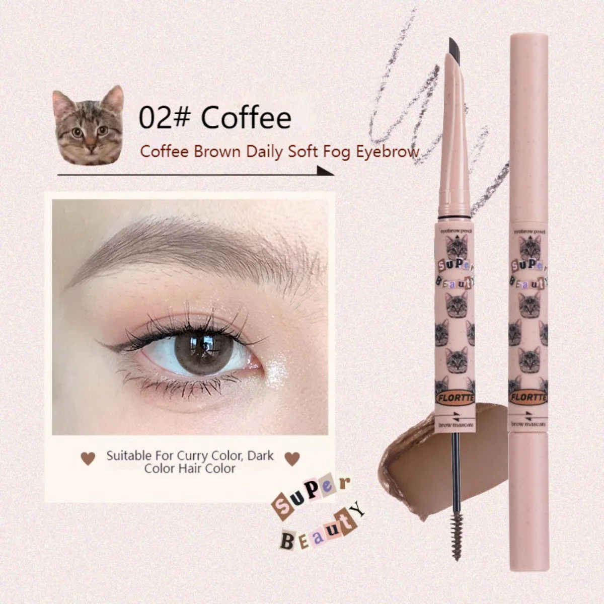 Flortte I Am Super Beauty Eyebrown Pencil and Brown Mascara 180mg+1g - Image 2