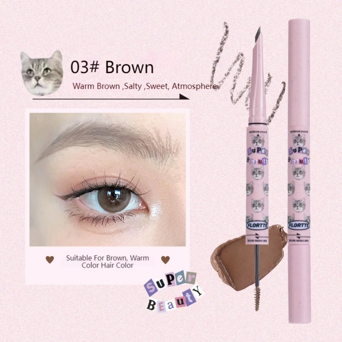 Flortte I Am Super Beauty Eyebrown Pencil and Brown Mascara 180mg+1g - Image 3