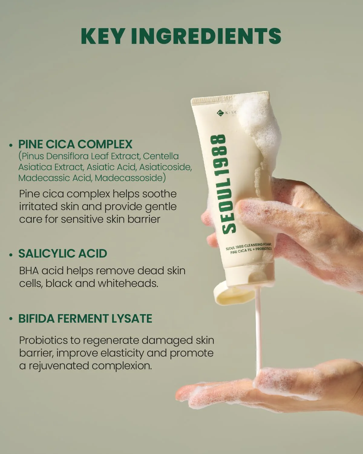 K-Secret Seoul 1988 Cleansing Foam : Pine Cica 1% + Probiotics 150ml - Image 3
