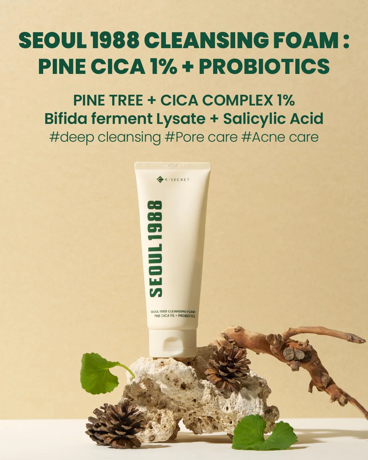 K-Secret Seoul 1988 Cleansing Foam : Pine Cica 1% + Probiotics 150ml - Image 4